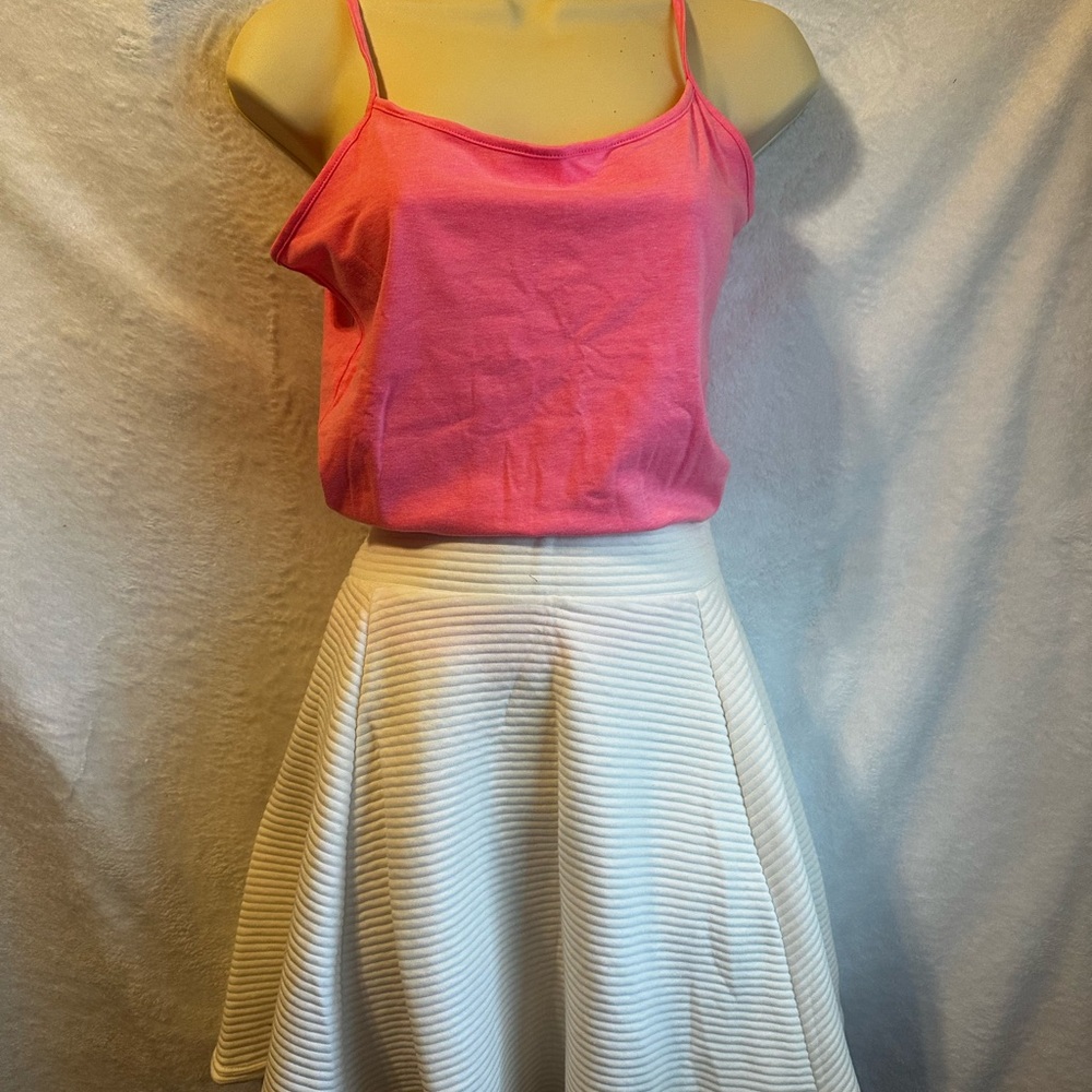 #1154 White Mini Skater Skirt with Ribbed Texture and Pink Top Both Size Large